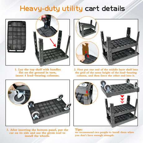 AQNIEGEP 3 Shelf Utility Cart Heavy Duty Rolling Cart with Brake Wheels Storage Service Cart w/Deep Shelves for Warehouse Workshop Cleaning Office Restaurant Commercial Moving 600lbs Capacity Black AQNIEGEP