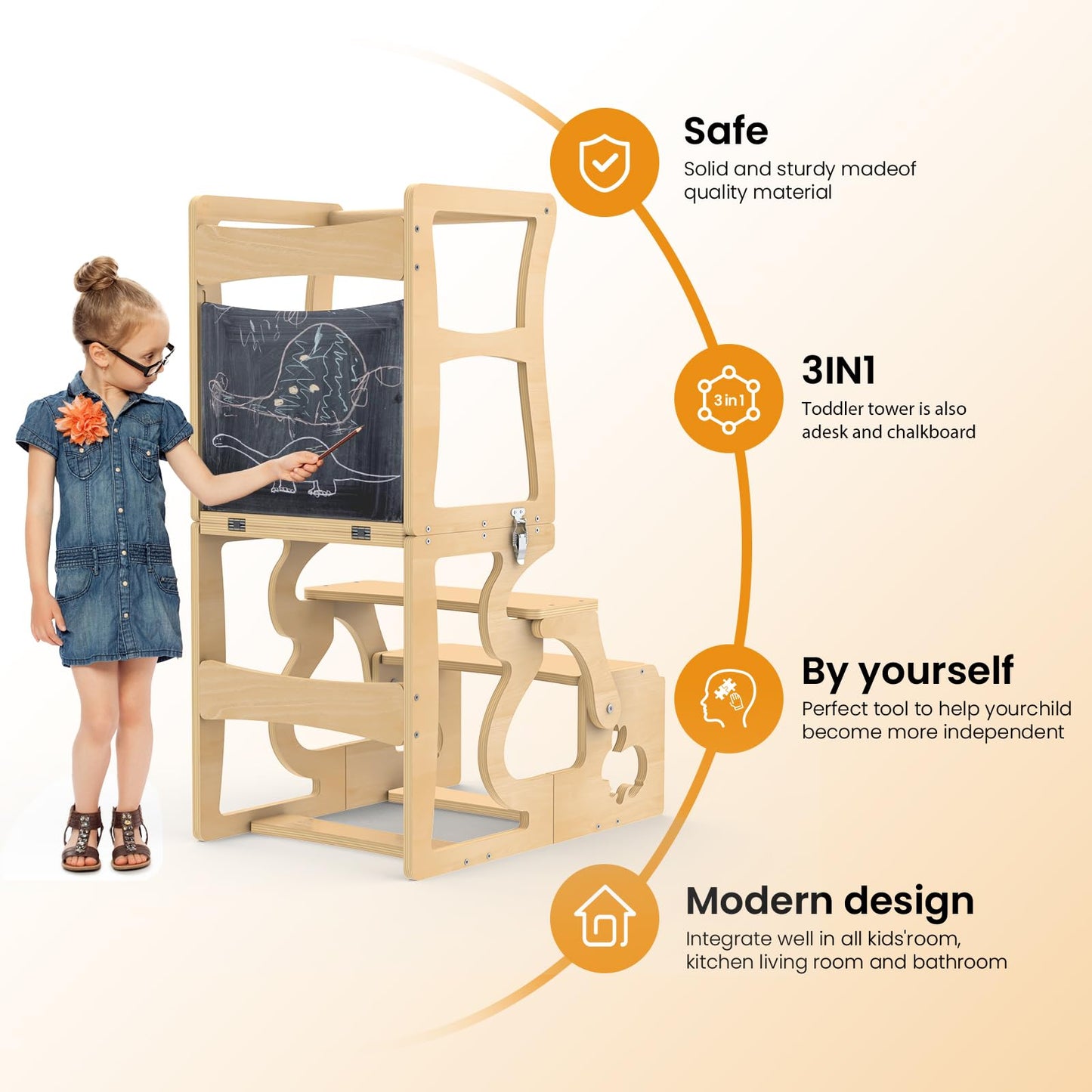 Toddler Tower, Kitchen Stool Helper for Toddlers, Learning Wooden Tower with Chalkboard and Backrest, 3 in 1 Kitchen Standing Tower, Foldable Weaning Table with Safety Rail, Step Stool Montessori