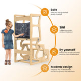 Toddler Tower, Kitchen Stool Helper for Toddlers, Learning Wooden Tower with Chalkboard and Backrest, 3 in 1 Kitchen Standing Tower, Foldable Weaning Table with Safety Rail, Step Stool Montessori DGD