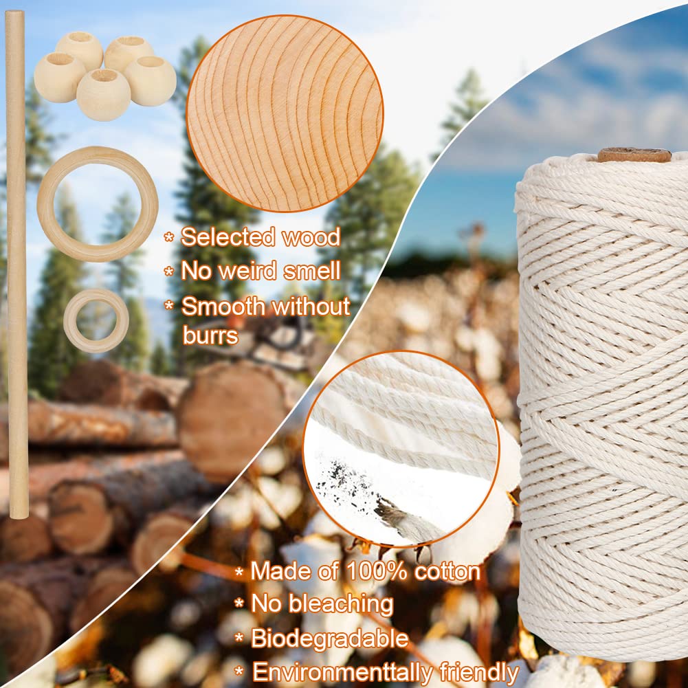 UHAPEER Macrame Kits for Adults Beginners with 656 Feet 3 mm Macrame Cotton Cord, DIY Macrame Plant Hanger Kit with Macrame Supplies and Instructions, Macrame Meads, Wooden Rings, Dream Catcher Rings UHAPEER