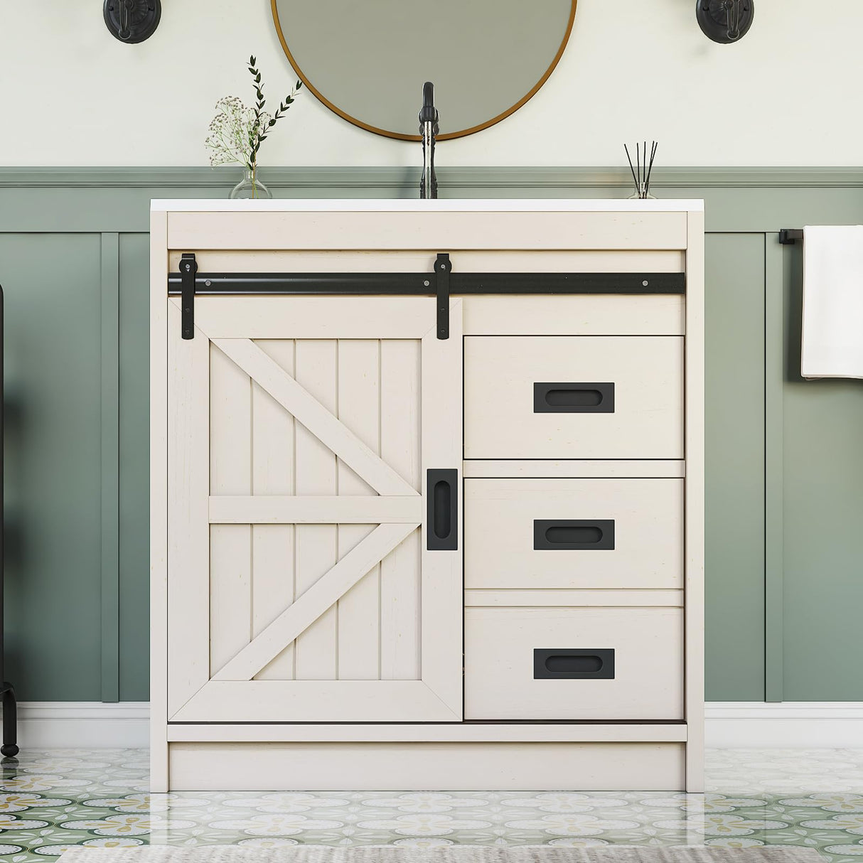 LUXOAK 31" Farmhouse Sliding Barn Door Bathroom Vanity with Sink Combo, Bathroom Vanity Cabinet with Drawers & Metal Handles, Freestanding, Distressed White LUXOAK