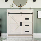 LUXOAK 31" Farmhouse Sliding Barn Door Bathroom Vanity with Sink Combo, Bathroom Vanity Cabinet with Drawers & Metal Handles, Freestanding, Distressed White LUXOAK