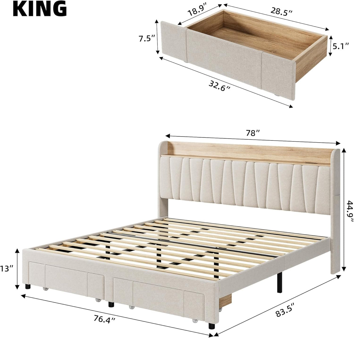 GarveeHome King Size Bed Frame with Storage Headboard, Upholstered Platform Beds with Drawers, Charging Station, Noise-Free, No Box Spring Needed, Easy Assembly, Beige GarveeHome