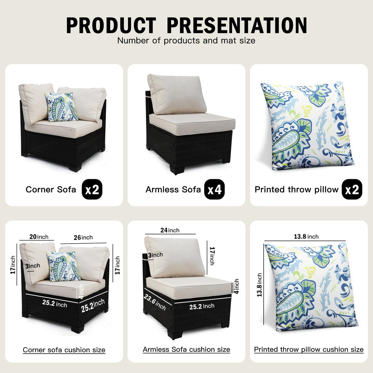 Ophelian 7 Pieces Outdoor Sectional Rattan Wicker Patio Furniture Set Conversation Sets with Cushion for Balcony Lawn and Garden, Brown/Beige Ophelian