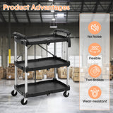 3 Tier Folding Rolling Utility Cart, Portable Collapsible Service Cart, 165 Lbs, Foldable Tool Cart with Dual Ergonomic Handles, Wheels for Warehouse, Home, Restaurant, Black EliteEdge
