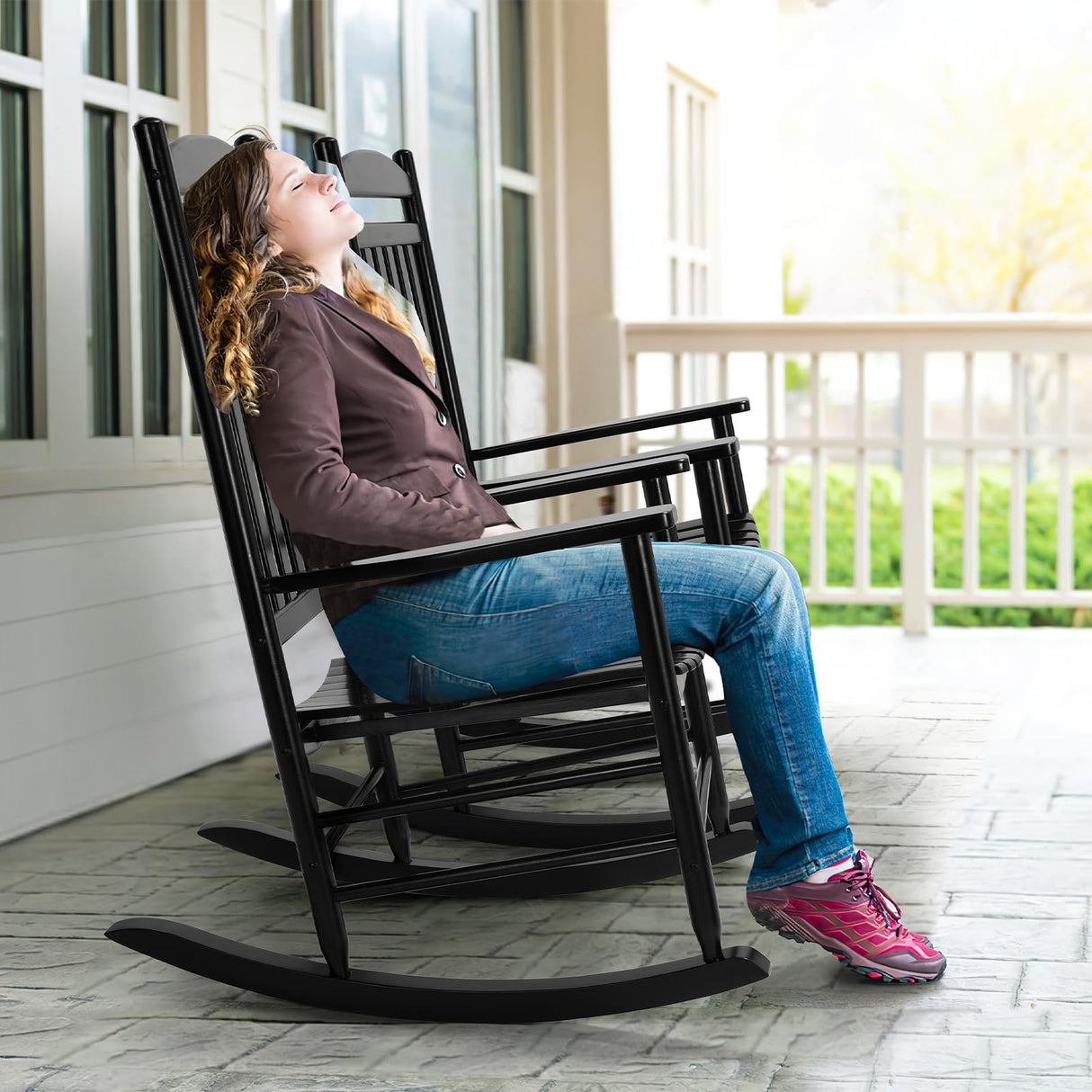 MAMIZO Soild Wood Outdoor Rocking Chair with High Back, Porch Rocking Chairs Oversized Easy to Assemble for Porch Garden, Lawn, Balcony, Backyard, Wooden Rocking Chair Outdoor and Indoor (Black) MAMIZO