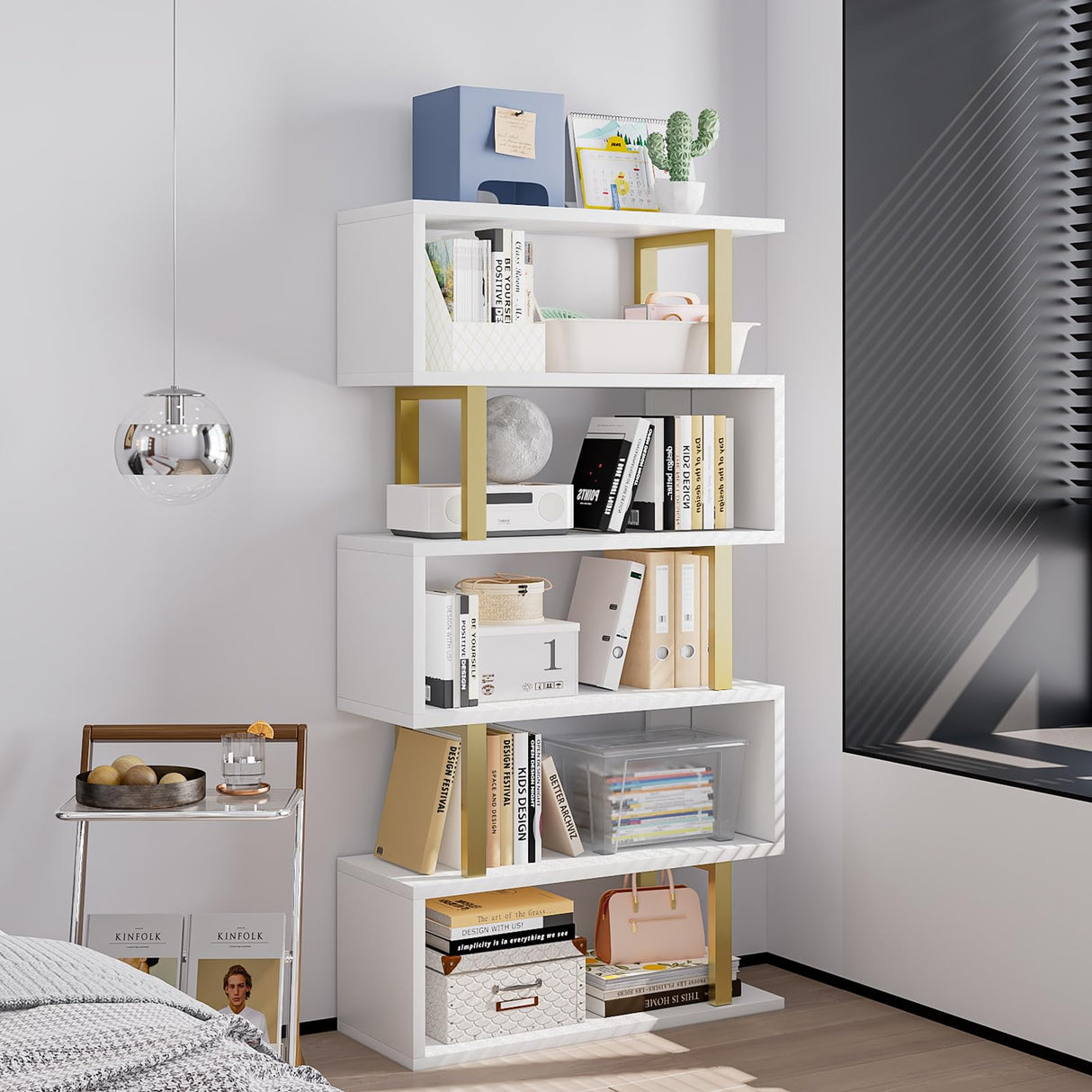 SORCEDAS Bookshelf Geometric Bookcase S Shaped Industrial Bookshelf Storage Display Stand Shelf for Living Room Bedroom and Office Room (White, 5 Tier) SORCEDAS