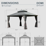 Domi 10x14FT Hardtop Gazebo, Permanent Outdoor Gazebo with Galvanized Steel Double Roof and Aluminum Frame, Curtain and Netting, Pavilion Gazebo for Patio Deck Garden, Grey domi outdoor living