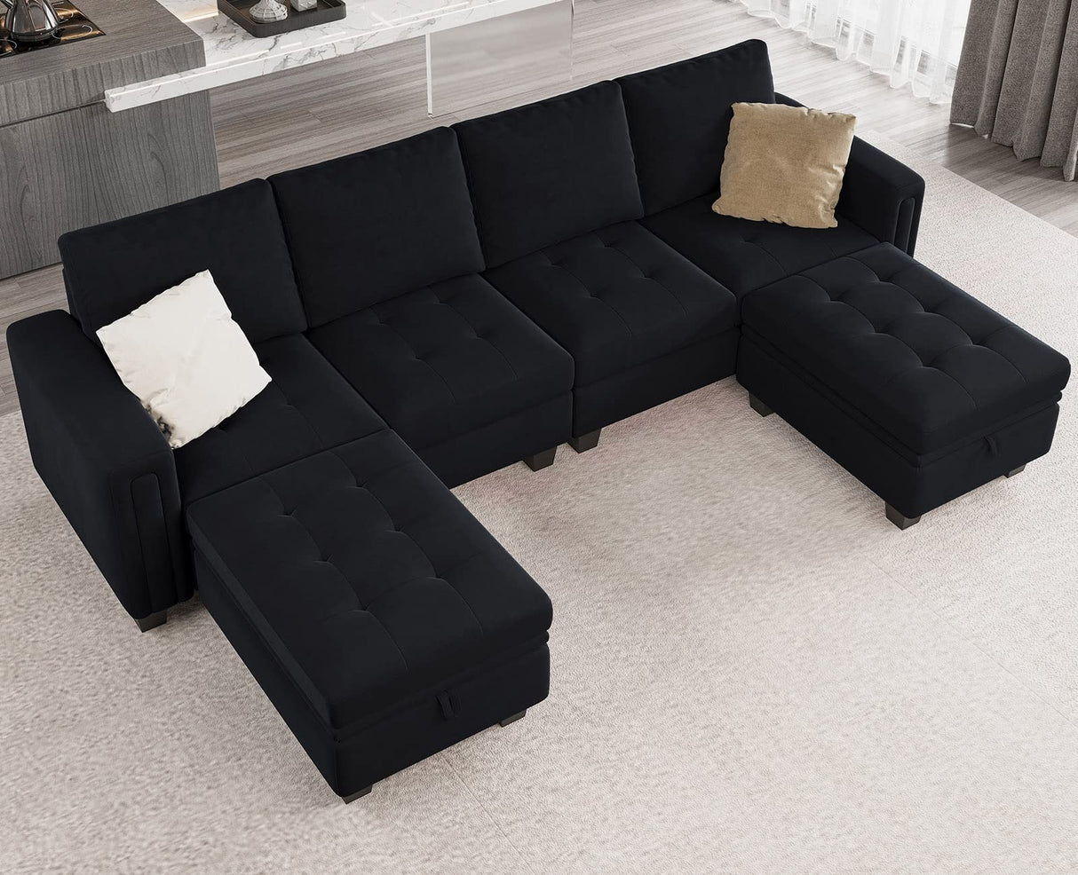 Belffin Velvet U Shaped Sectional Sofa Couch with Storage Ottoman Convertibel Sectional Sofa with Reversible Chaises Black Belffin