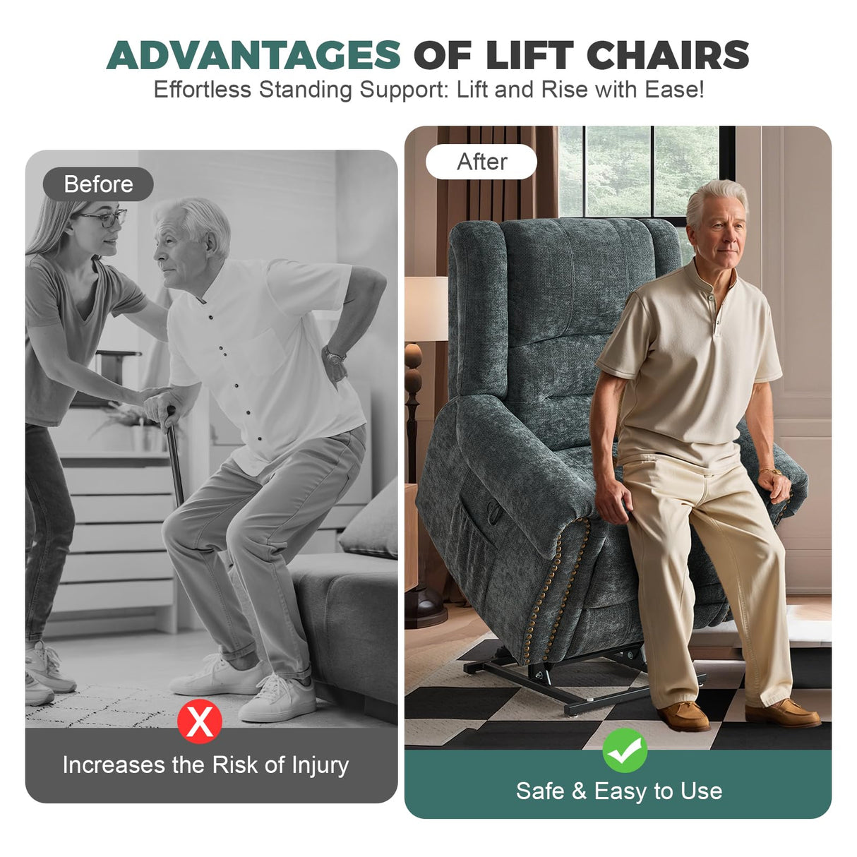 HUSFU Power Lift Recliner Chair for Elderly, Dual Motor Lift Chair with Heat and Massage,Lay Flat Lift Chair Infinite Position Sleeping Chair w/USB Ports and Remote Control,Chenille,Grey Blue HUSFU