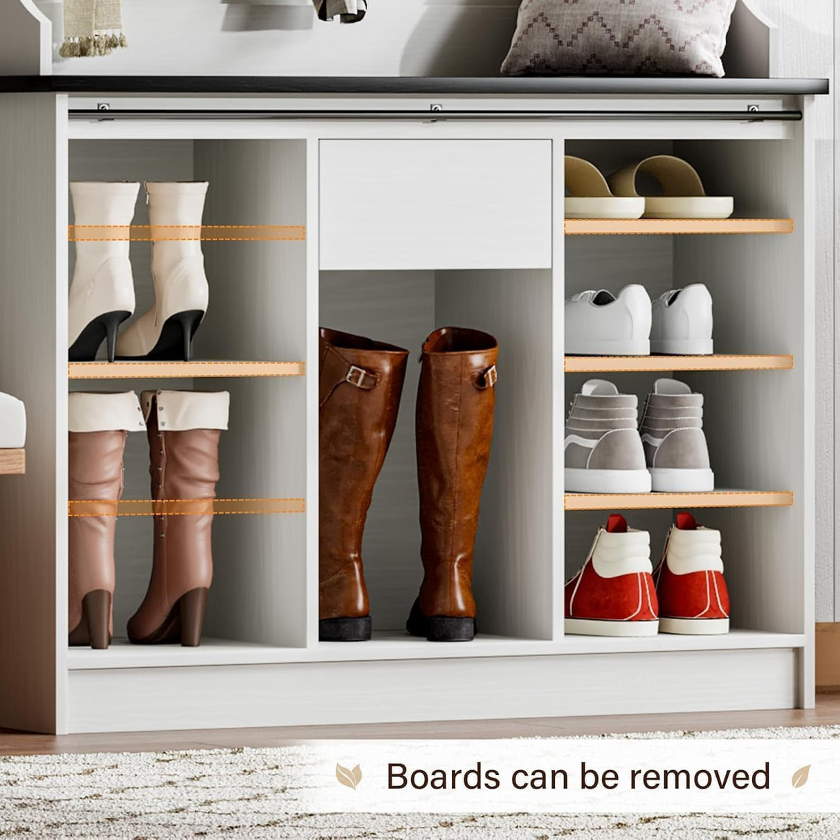 4ever2buy Farmhouse Hall Tree with Bench and Shoe Storage, 5-in-1 Farmhouse Hall Tree with Adjustable Shelf and Barn Doors, Entryway Bench with Coat Rack, White 4ever2buy