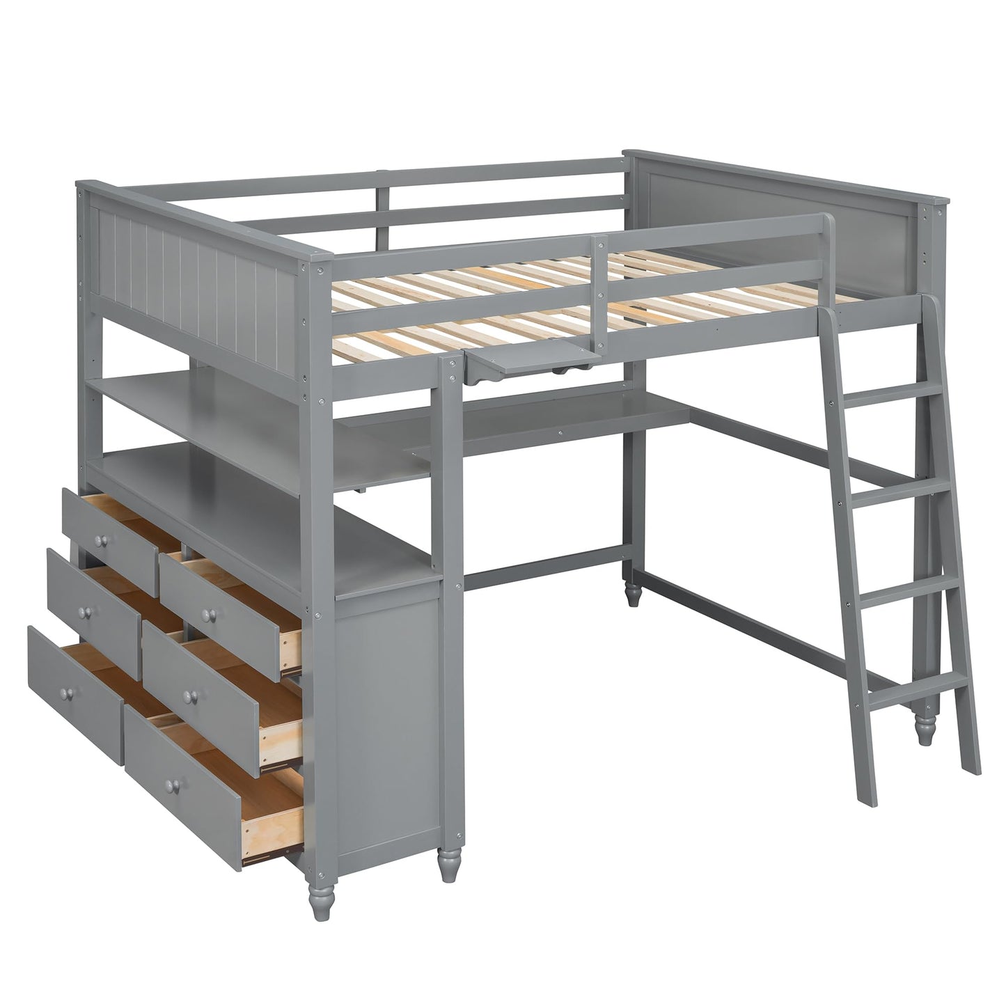 Bellemave Full Size Grey Loft Bed with Integrated Desk and Storage Drawers for Kids and Teens - WoodArtSupply