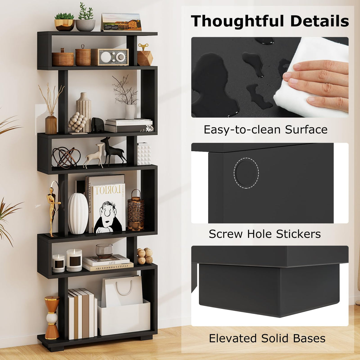 Tangkula 6-Tier S Shaped Bookcase, 64" Tall Modern Geometric Bookshelf with Anti-Tipping Kit, Home Office Freestanding Decorative Storage Display Shelf Room Divider for Living Room Study (1, Black) Tangkula