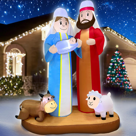 7 Ft Tall 5.7 Ft Long Christmas Inflatables Nativity Scene Outdoor Decorations, Christmas Blow Up Jesus Manger Set with Build-in LED Lights for Xmas Parties Yard Garden Decor TURNMEON