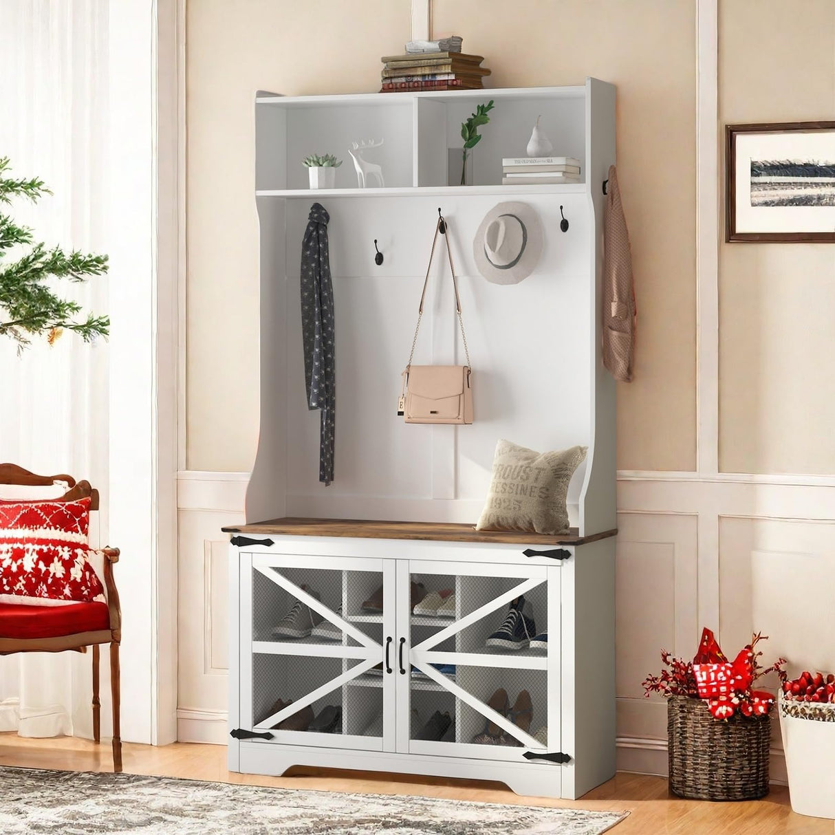 MilleLoom Hall Tree with Shoe Storage, 4-in-1 Coat Rack with 7 Shoe Cubbies & 7 Coat Hooks, Farmhouse Entryway Bench Mudroom Storage Cabinet for Hallway, 42" W x 15.7" D x 77" H, White MilleLoom