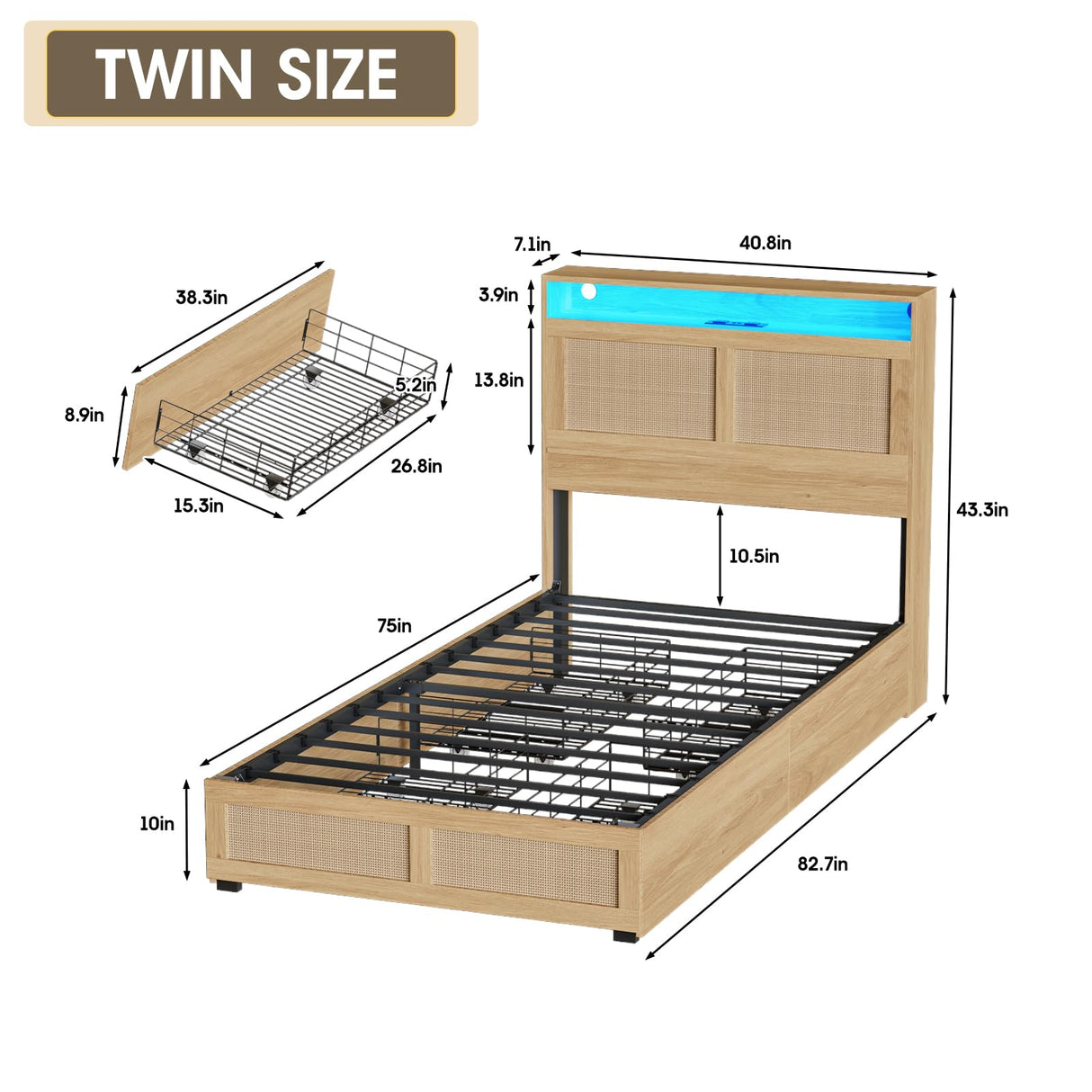 Fameill Twin Bed Frame with LED Light and Storage Rattan Headboard and 4 Drawers,Charging Station,Metal Platform with Strong Metal Slats Support,Boho Cane Bed Mattress Foundation No Box Spring Needed Fameill