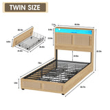 Fameill Twin Bed Frame with LED Light and Storage Rattan Headboard and 4 Drawers,Charging Station,Metal Platform with Strong Metal Slats Support,Boho Cane Bed Mattress Foundation No Box Spring Needed Fameill