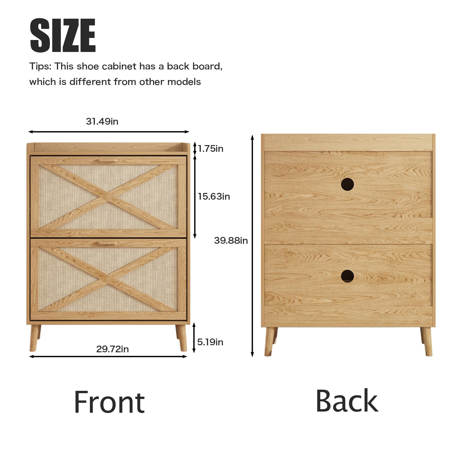 Maupvit Shoe Cabinet with 2 Flip Drawers, Freestanding Shoe Cabinet Organizer with Wood Legs, Shoes Storage Cabinet for Entryway, Narrow Shoe Rack Cabinet, Rattan - WoodArtSupply