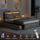 Halitaa Full Size Metal Bed Frame with LED Lights, Charging Station & 4 Storage Drawers in Wash Grey Halitaa