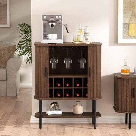 Coffee Bar Cabinet with Storage, Fluted Wine Cabinet with Sliding Doors, Glass Holder and Wine Rack, Buffet Sideboard Cabinet Liquor Cabinet for Kitchen, Dining Room, Living Room, Walnut FiveWillowise