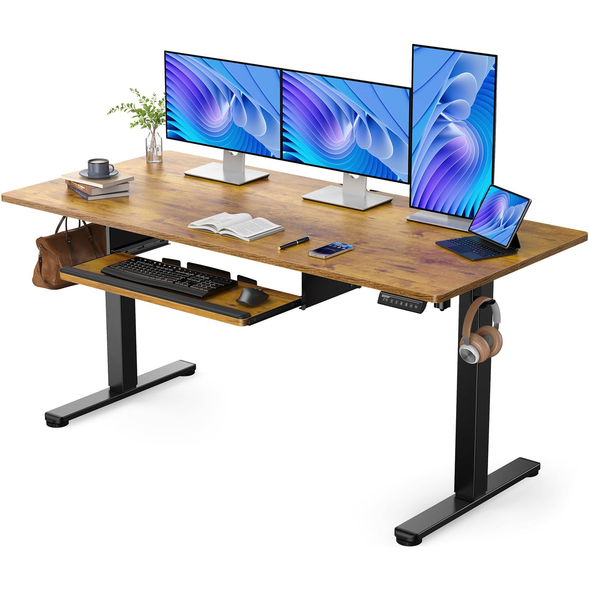 ErGear Large Electric Standing Desk with Keyboard Tray, 63x28 Inches Large Adjustable Height Sit Stand Up Desk, Home Office Desk Computer Workstation, Vintage Brown ErGear