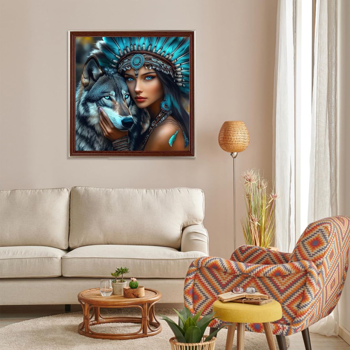 Miwixy Wolf Diamond Art Kits for Adults, American Native Indian Woman Diamond Painting Kit,5D Full Drill Diamond Art Canvas for Beginners Home Wall Decor 12 x 12 Inch Miwixy