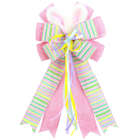 anshome Large Easter Bow for Wreath, Pink Farmhouse Burlap Fabric Wreath Bow with Bunny Ears for Front Door Colorful Stripe Tree Topper Ornament Decor Bow with String for Spring Holiday Party anshome