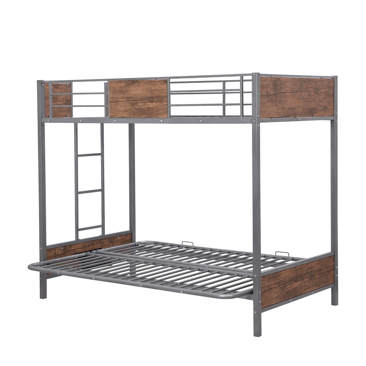 Twin-Over-Futon Bunk Bed, Metal Bunk Bed Frame Twin Over Twin Loft Bunk Bed Frame with Safety Guardrails & Ladder for Teens Adults, Bottom Full Size Bunk Bed Can be Converted into Futon/Seat (Gray) MWrouqfur