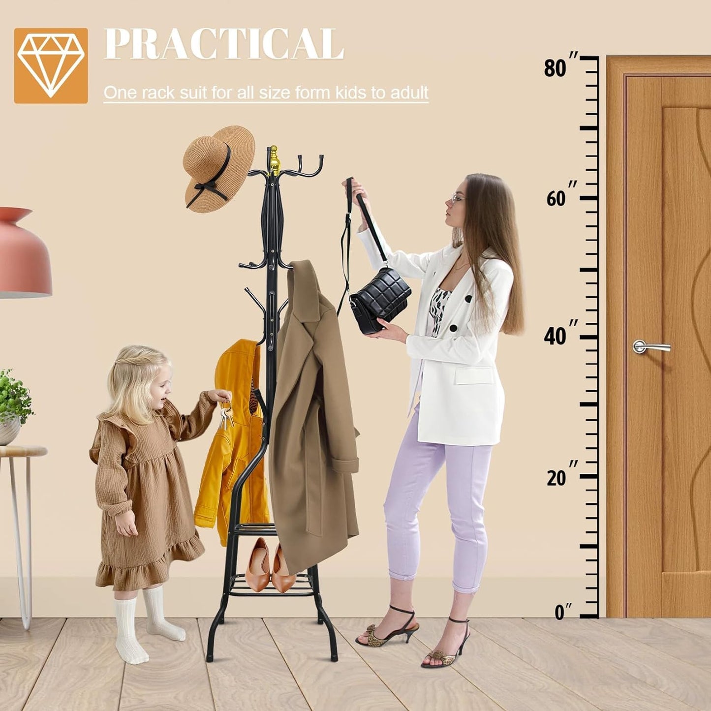 Coat Rack, Freestanding Coat Rack with 20 Hooks and 2 Storage Shelf, 14.8"L x14.8"W x 65"H Coat Tree for Clothes, Hats, Bags, Jacket, Umbrella, Home Decor for Entryway, Hallway, Bedroom, Office