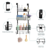 Over the Door Pantry Organizer 3 Tier Hanging Basket Back Door Storage Rack Shelf Metal Over the Door Shelves with 3 Baskets and 5 Hooks for Bathroom Kitchen Pantry Bedroom, Black ETELI