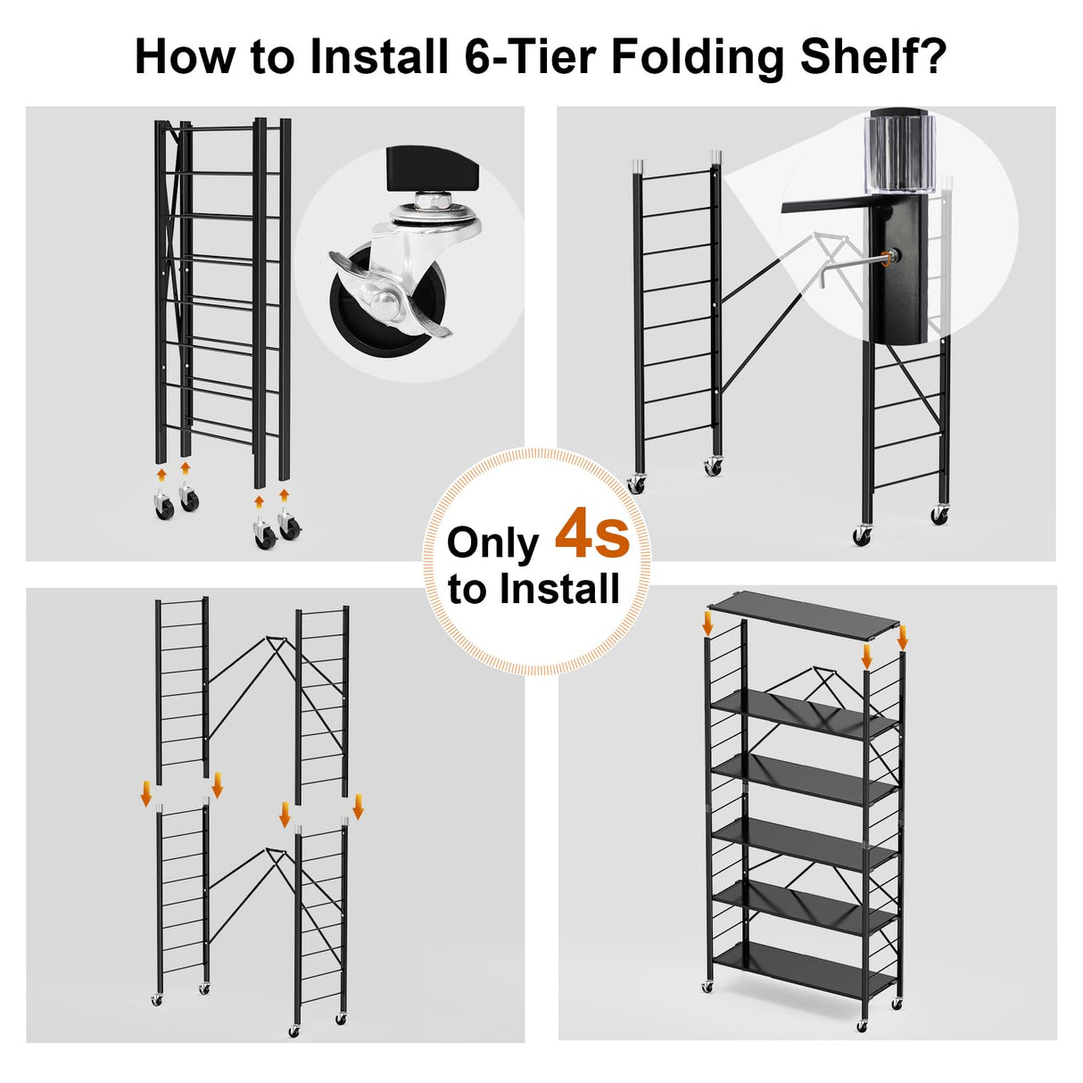 Himix 6 Tier Foldable Storage Shelves, Expandable Folding Bookshelf with Wheels, Changeable into 2 Shelf Units, Collapsible Adjustable Storage Rack Metal Shelves for Garage, Kitchen, Black Himix