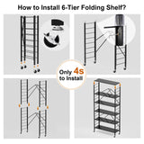 Himix 6 Tier Foldable Storage Shelves, Expandable Folding Bookshelf with Wheels, Changeable into 2 Shelf Units, Collapsible Adjustable Storage Rack Metal Shelves for Garage, Kitchen, Black Himix