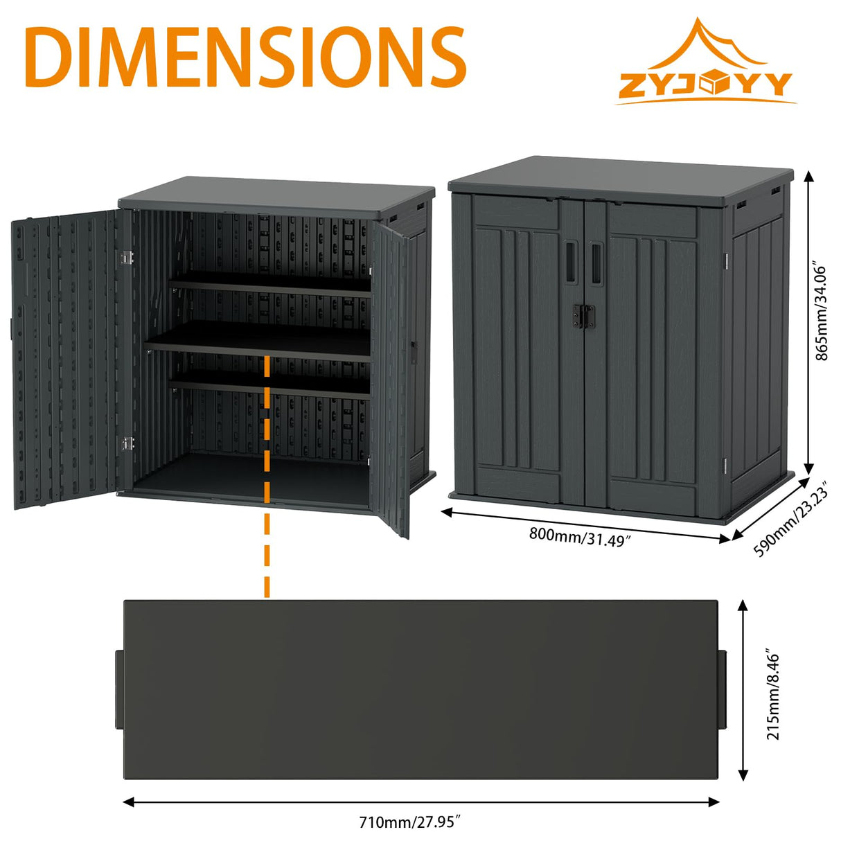 Outdoor Storage Cabinet with 2 Shelves, Waterproof Resin Horizontal Tool Shed, Lockable 15 cuft. Storage Shed for Patio, Garden, Yard, Grey ZYJOYY
