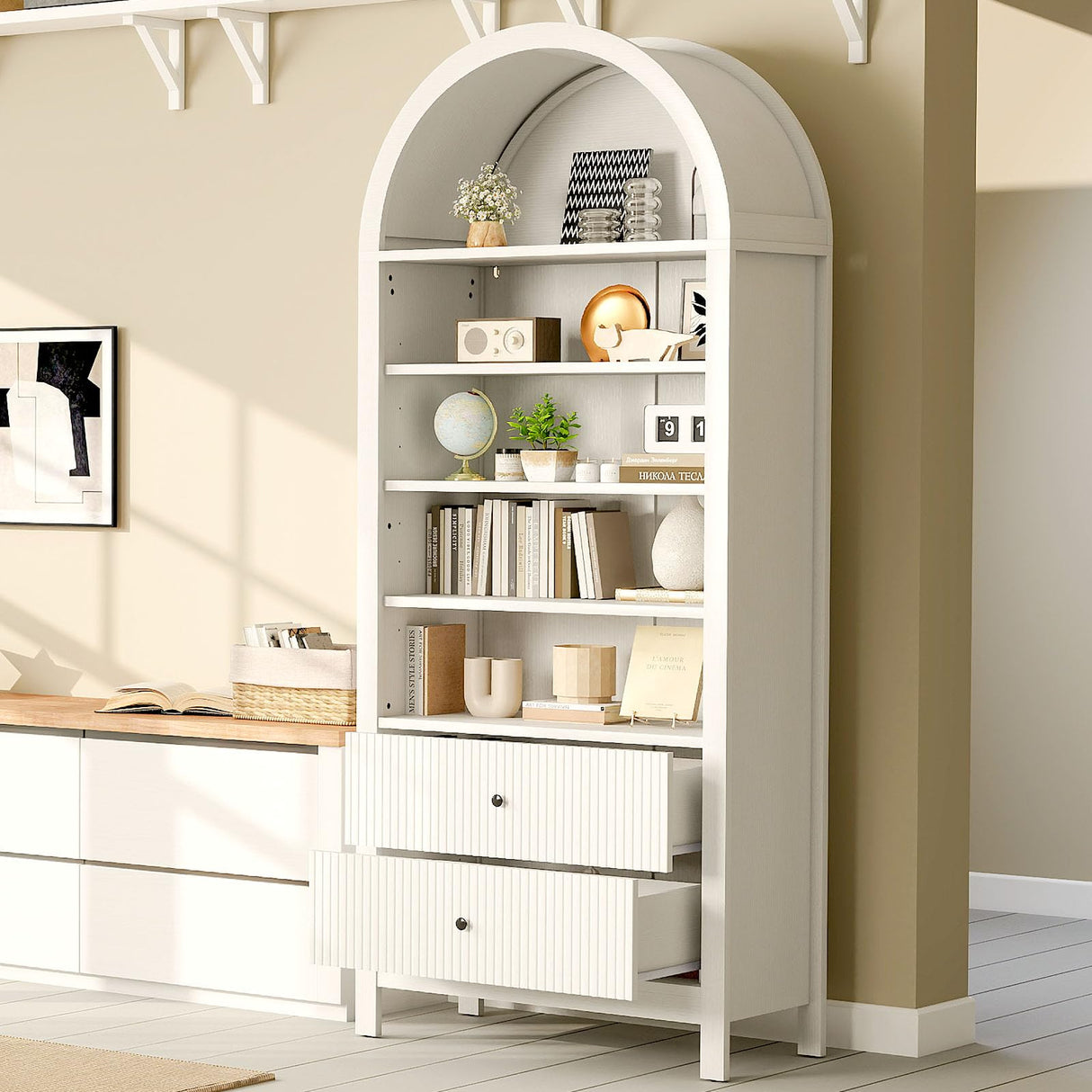 GOODONE 71" Tall Arched Bookcase - Arched Bookshelf with 2 Drawers & Adjustable Shelves, Tall Arched Storage Cabinet for Living Room, Kitchen，Home Office（White） GOODONE