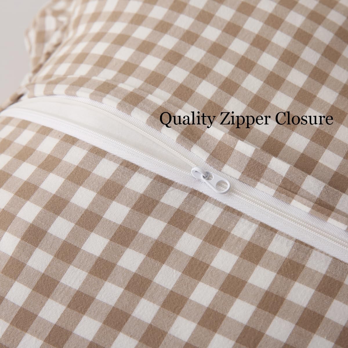 Silnuo 2 Pack Taupe/White Plaid Ruffle Throw Pillow Covers Farmhouse Checkered Chic Washed Cotton Pillowcases Gingham Pillow Shams for Bed, Sofa, Living Room-20"x20" Silnuo