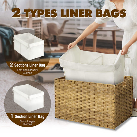 GREENSTELL Storage Basket with Lid, Handwoven Blanket Storage Basket with Cotton Liner and Metal Frame, Foldable & Easy to Install, Shelf Basket with Handle for Bedroom, Laundry Room Natural 105L GREENSTELL