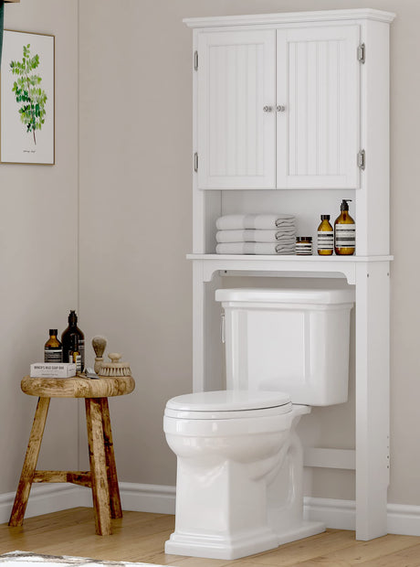 UTEX Bathroom Storage Over The Toilet, Bathroom Cabinet Organizer with Adjustable Shelves and Double Doors, Wood Bathroom Space Saver, White UTEX