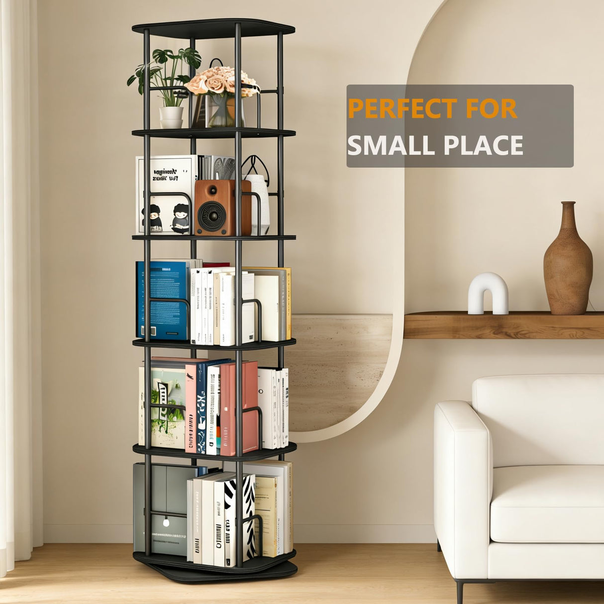 Lauxery 5 Tier Rotating Bookshelf, 360° Spinning Bookshelf Tower,Space Saving Floor Standing Corner Storage Organizer for Small Spaces, Square Revolving Bookcase for Home Office Living Room, Black Lauxery