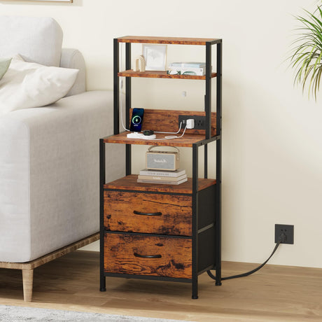 Furnulem Night Stand, Tall Nightstand with 4-Tier Shelves, 2 Fabric Drawers and Light Tube, Bed Side Tables with Charging Station, Bedside Table for Bedroom, Office, Rustic Brown Furnulem