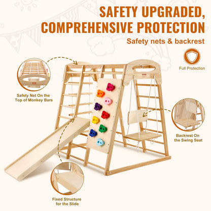 VEVOR Large Size Indoor Jungle Gym, 7-in-1 Toddler Indoor Playground, Wooden Toddler Climbing Toys with Wood & Rope Ladder, Net Ladder, Swing, Monkey Bar, Slide, Climbing Wall, 47.2 x 58 x 56in