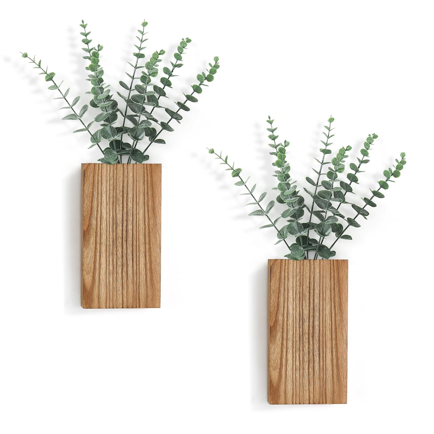 Dahey 2 Pack Wood Wall Planter Vase with Artificial Eucalyptus Farmhouse Wall Hanging Decor Pocket Planter for Indoor Fake Plants Greenery Flowers, livingroom Bedroom Kitchen Home Office Deco - WoodArtSupply