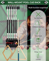 EXTCCT Wall Mount Pool Stick Holder - Billiards Pool Cue Rack Hardwood Pool Cue Set Holder for 6 Cues Sticks Storage Pool Table Accessories Equipment Organizer EXTCCT