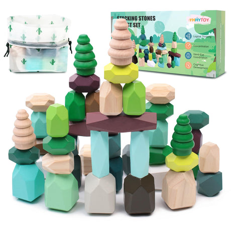 YHHYTOY 40 PCS Wooden Stacking Rocks Building Blocks Forest Theme, Sensory Learning Montessori Toys for 3 4 5 Year Old Kids, Preschool Educational STEM Toys Toddler Games Birthday Gifts for Girls Boys YHHYTOY