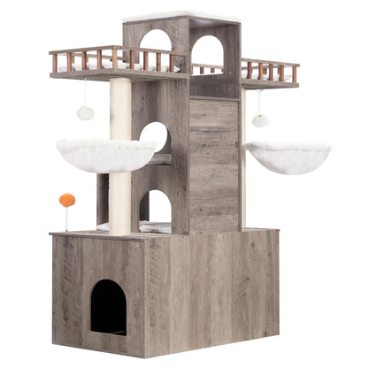 Heybly Cat Tree with Litter Box Enclosure for Indoor Big Cat, Cat Tower for Large Cats 20 lbs Heavy Duty, Modern Cat Condo Furniture with Scratching Posts, Rustic Gray HCT110SG - WoodArtSupply