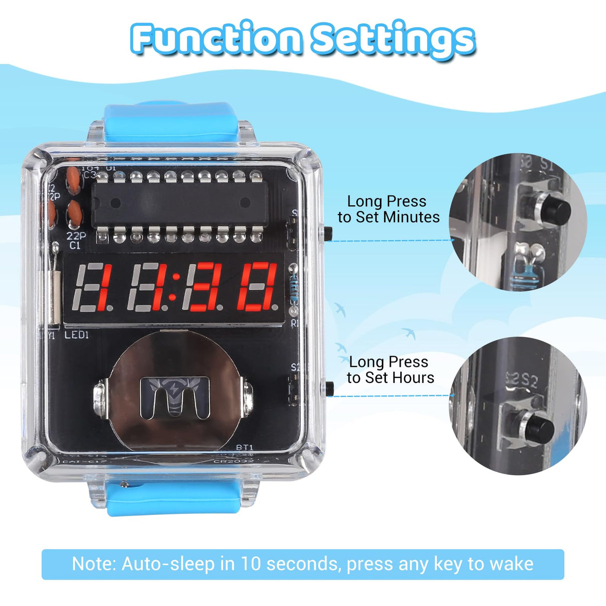 DIY Watch Soldering Practice Kit, PEMENOL 12/24H Selectable Soldering Project Kit, 10S Automatic Sleep Mode, Electronic Learning Kit for Beginners Present School College STEM Education, Blue PEMENOL
