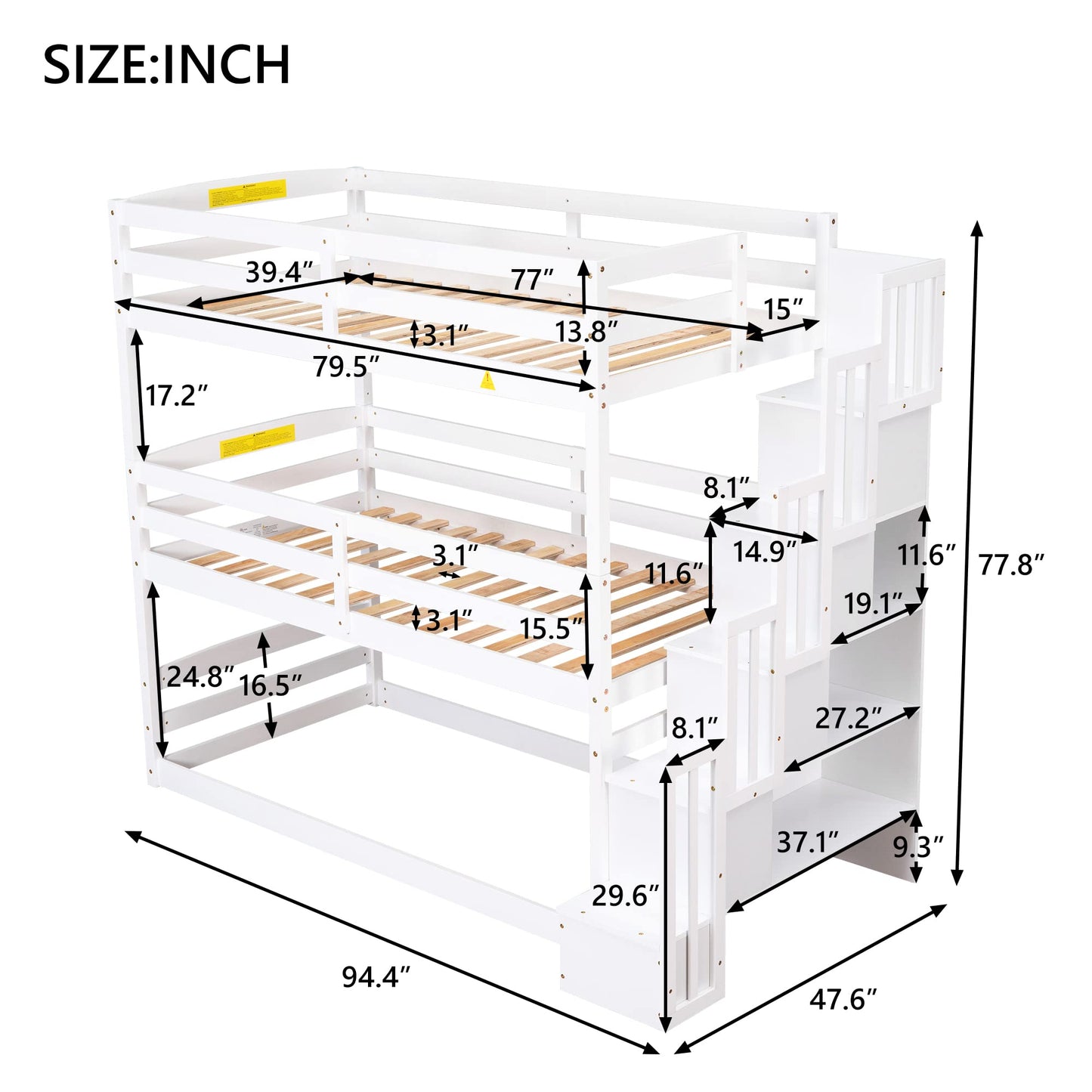 Harper & Bright Designs Twin Size Triple Bunk Bed with Stairs and Storage, Solid Wood Twin Over Twin Over Twin Bunk Bed Frame for 3 Kids Girls Boys, Separate Design (White)