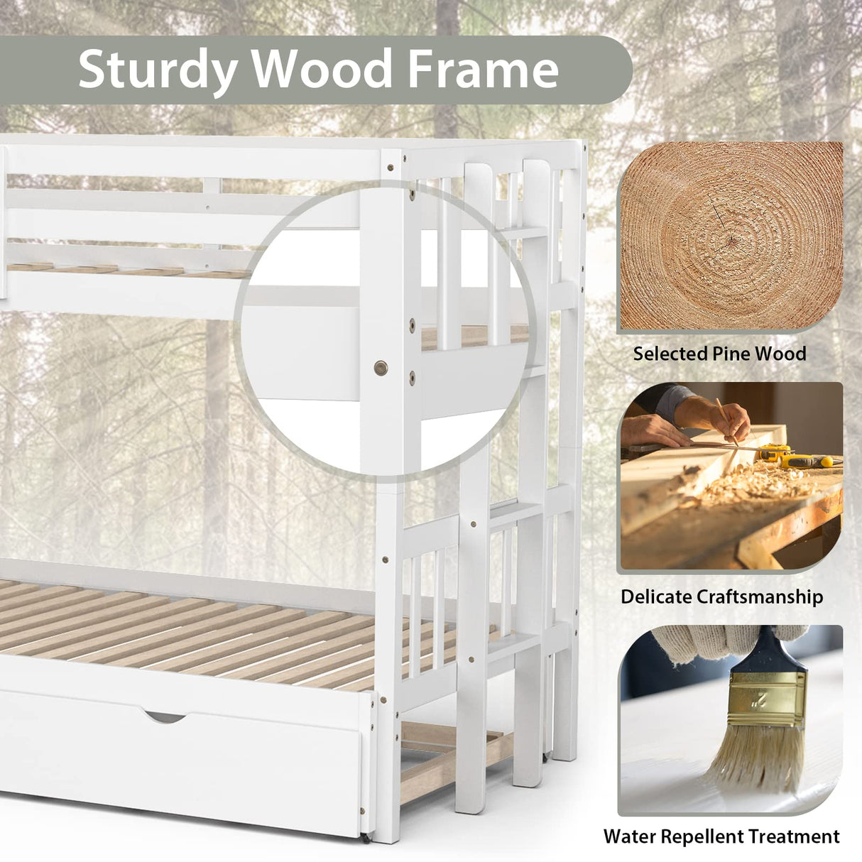 KOTEK Pull-Out Bunk Bed with Trundle, Twin Over Full, Twin Over 2 Twins Bunk Bed with Ladder & Safety Rails Accommodate 4 People, Detachable Solid Wood Bunk Bed for Kids, Adults (White) KOTEK