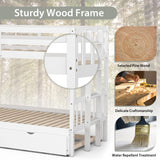 KOTEK Pull-Out Bunk Bed with Trundle, Twin Over Full, Twin Over 2 Twins Bunk Bed with Ladder & Safety Rails Accommodate 4 People, Detachable Solid Wood Bunk Bed for Kids, Adults (White) KOTEK