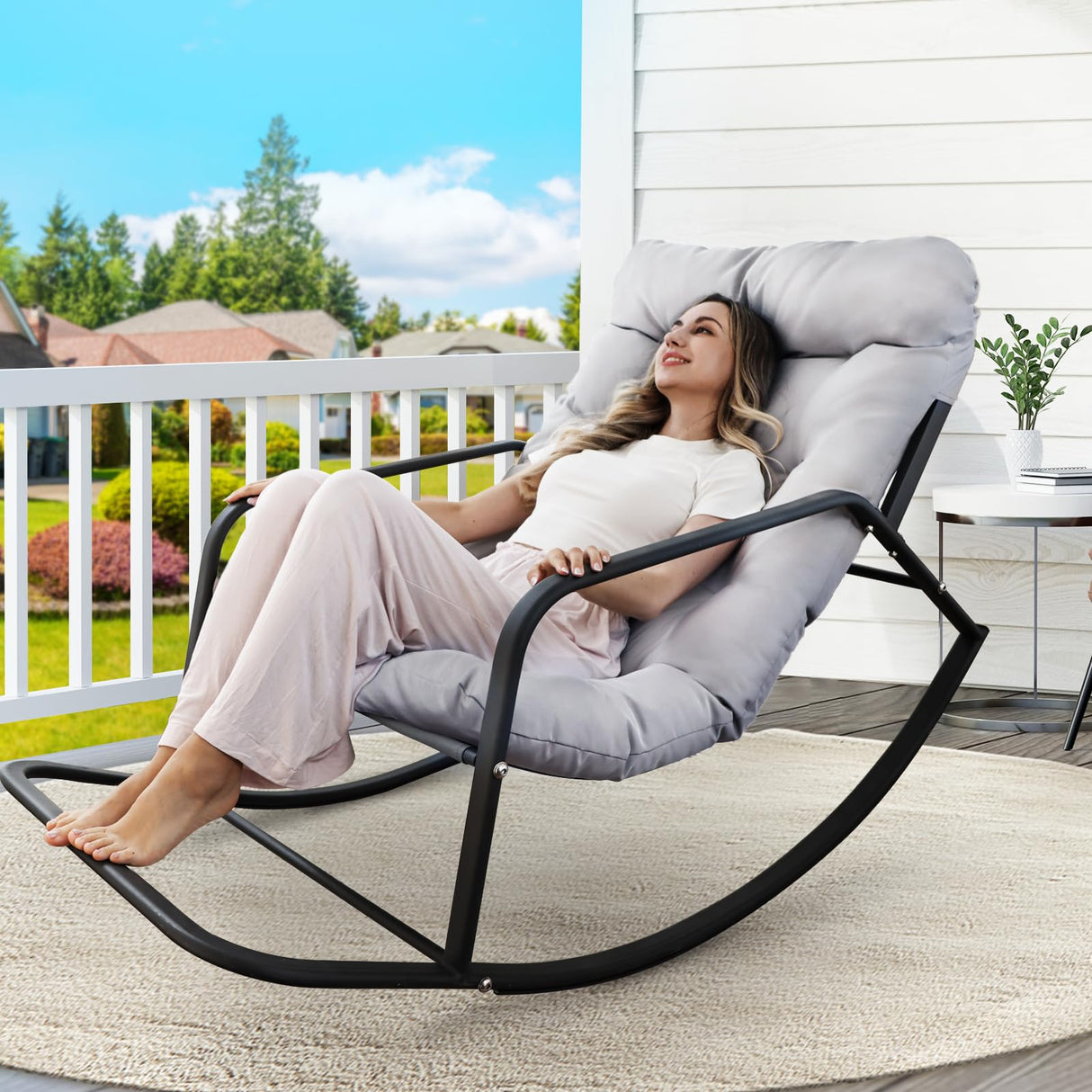 BULEXYARD Grey Oversized Indoor Outdoor Lounge Royal Rocking Chair with Armrest Footrest for Napping Relaxing, Heavy Duty Patio Reclining Papasan Rocker Chair with Padded Cushion for Porch, Sunroom BULEXYARD