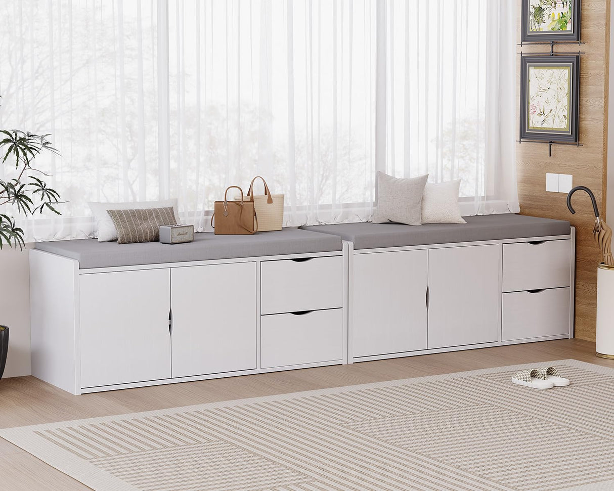 LVB Storage Entryway Bench, Long Shoe Bench with Drawers Storage Shelf, Modern Entry Way Bench with Padded Cushioned Seating, Wood Shoe Rack Bench for Foyer Entrance Living Bedroom, White Oak, 40in LVB